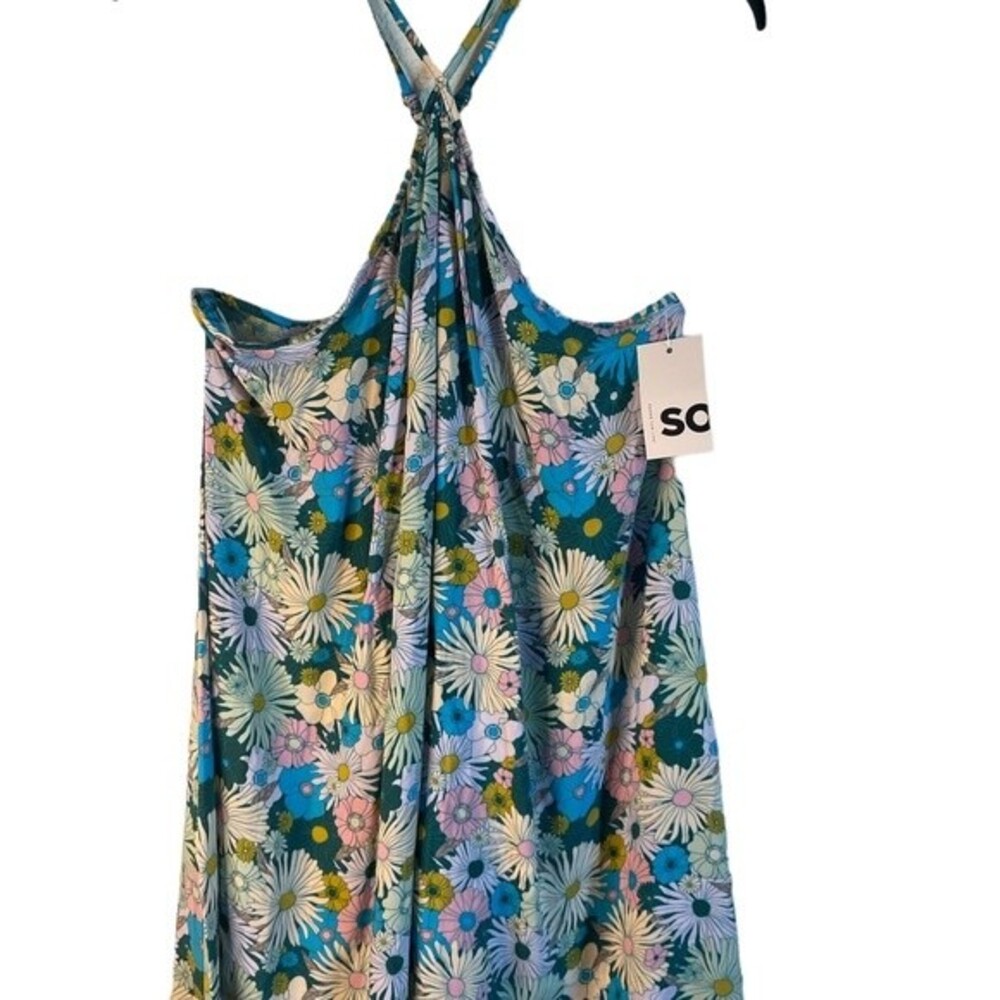 SO Juniors Halter floral hippie retro 70"s Neck Swing Mini Dress Sz L New